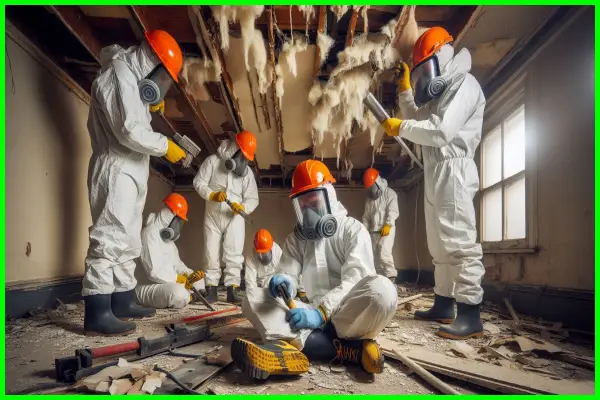 Workmen removing asbestos in a house